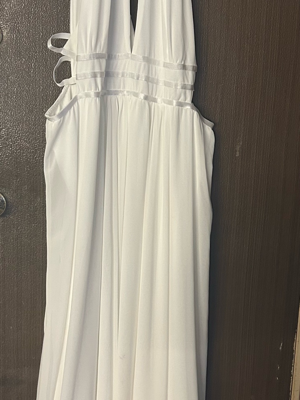 Fashion Nova White Maxi Dress with Deep V and Cinched Waist